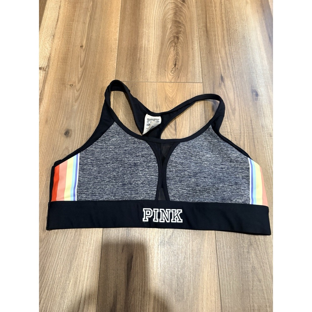 Victorias Secret PINK Sports Bra Women's Large Black Gray Rainbow Stripes Padded